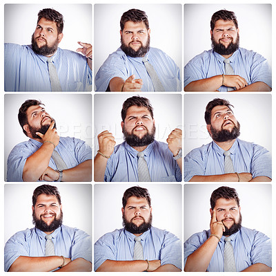 Buy stock photo Man, collage and composite with facial expressions in studio with funny or joyful in portrait with happy. Comedy, emotions and sequence with closeup for multiple shots with headshot for job photo