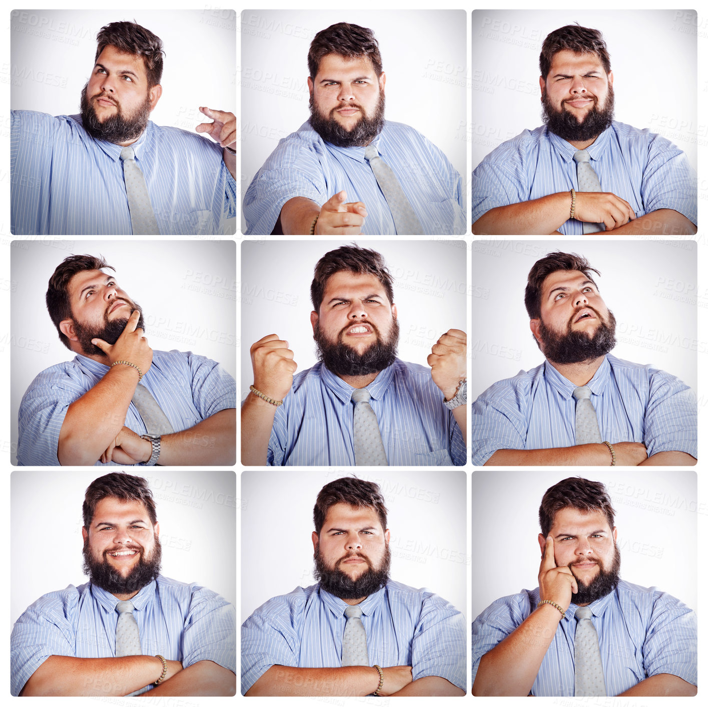 Buy stock photo Man, collage and composite with facial expressions in studio with funny or joyful in portrait with happy. Comedy, emotions and sequence with closeup for multiple shots with headshot of plus size guy