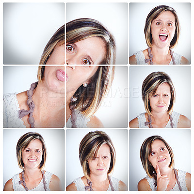 Buy stock photo Woman, portrait and collage with funny faces, expressions or mood of personality on montage. Young female person in collection, frame or series of silly or goofy emotions for comedy, humor or comic