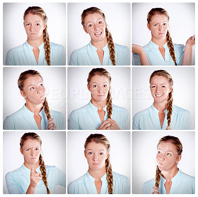 Buy stock photo Woman, portrait and collage with funny faces, expressions or humor for comedy in montage. Young model or female person with personality in collection, frame or series of silly or goofy emotions