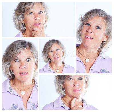Buy stock photo Senior woman, portrait and collage with expressions for comedy, humor or personality in montage. Elderly female person with silly faces in collection, frame or series of goofy emotions or funny poses