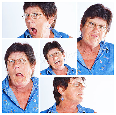 Buy stock photo Senior, woman and collage with funny expressions for comedy, humor or personality in montage. Elderly female person with silly faces in collection, frame or series of goofy emotions, joke or poses