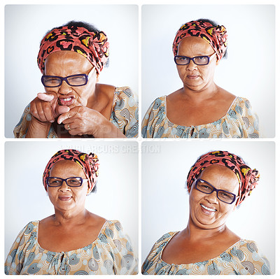 Buy stock photo Collage, glasses and black woman with expressions in studio on white background for eyewear, eyesight and funny. Female person, isolated and emotions with collection, vision and happy with specs 