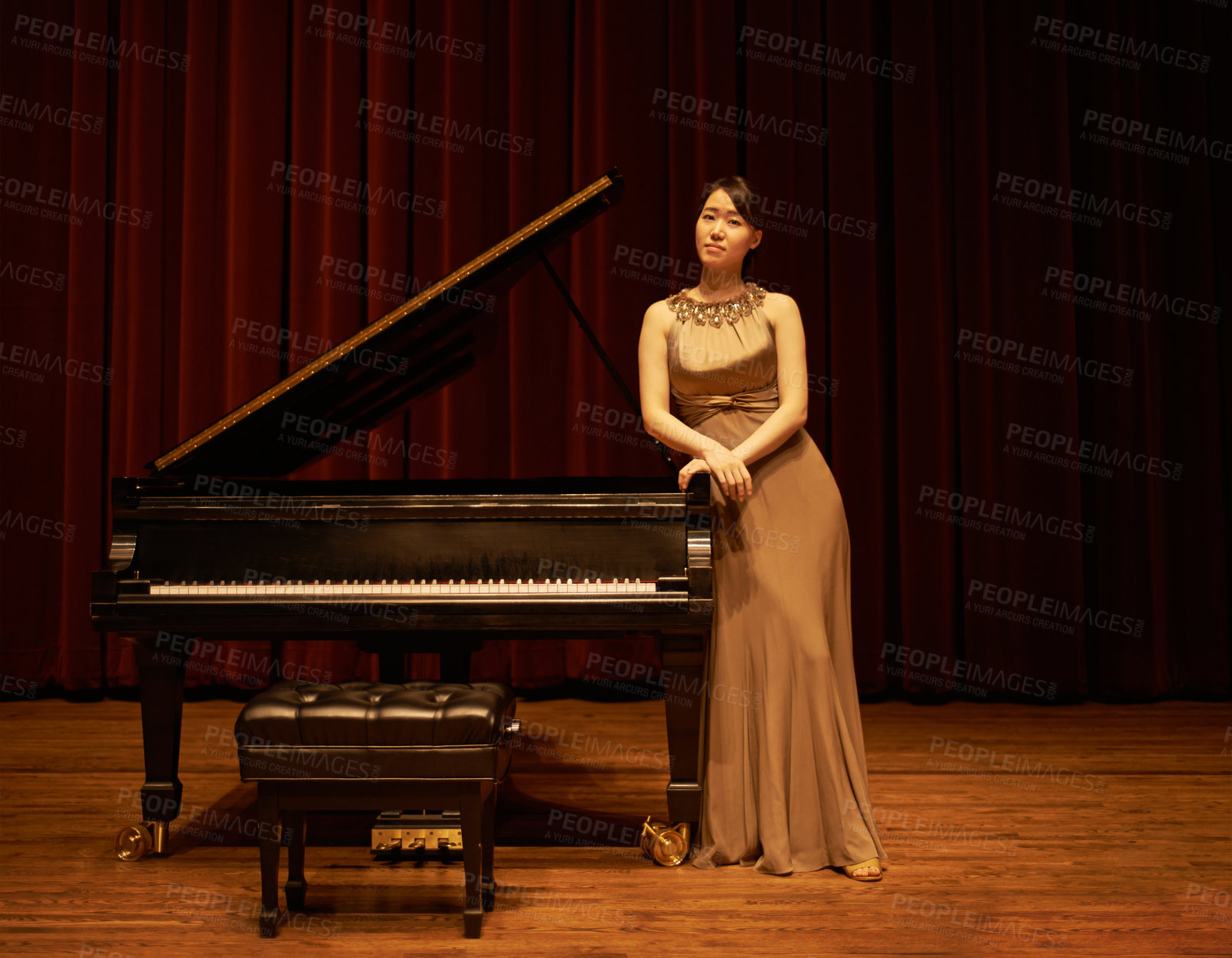 Buy stock photo Piano, theatre and Asian musician for classic music ready for a concert or performance. Portrait, curtain and musical in a grand hall for solo on a stage in Japan with pianist, talent and opera gown