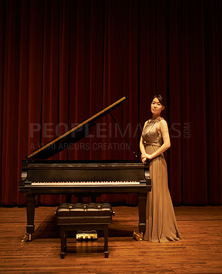 Buy stock photo Piano, theatre and Asian woman musician with concert music ready for art performance with confidence. Portrait, curtain and musical with solo on stage in with pianist, instrument and opera dress