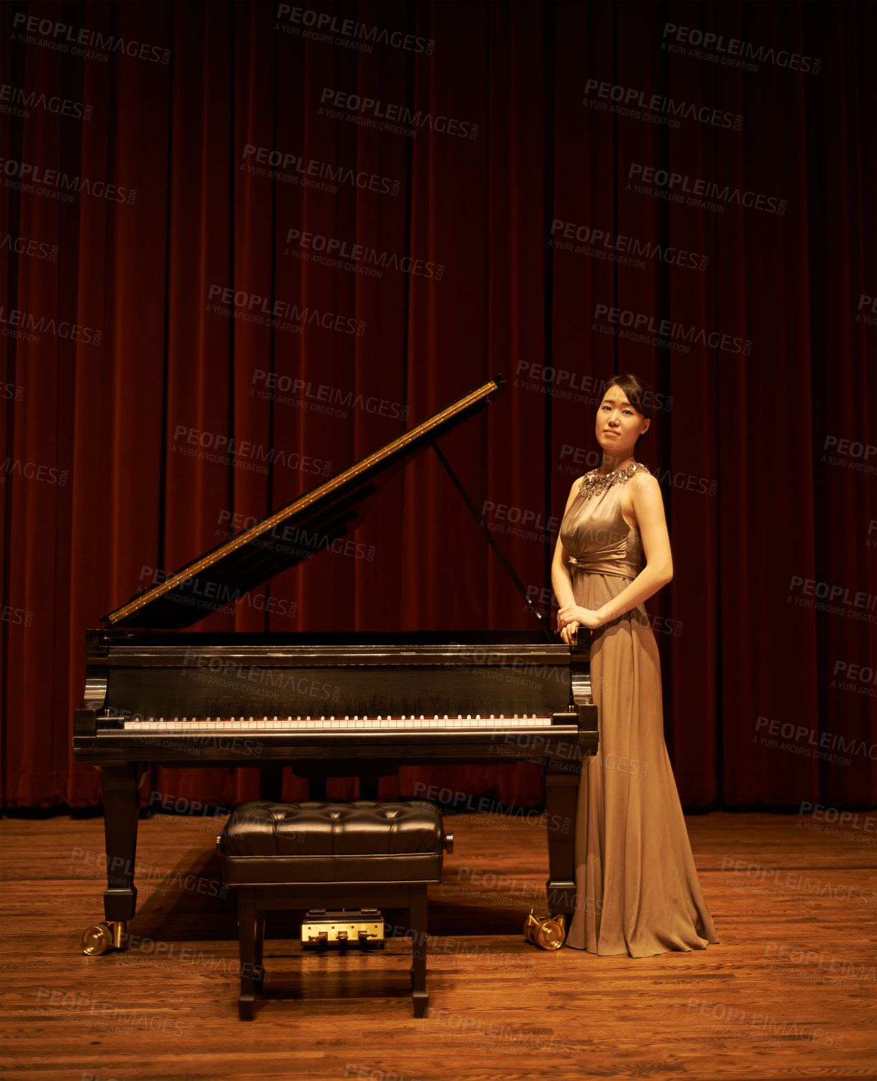 Buy stock photo Piano, theatre and Asian woman musician with concert music ready for art performance with confidence. Portrait, curtain and musical with solo on stage in with pianist, instrument and opera dress