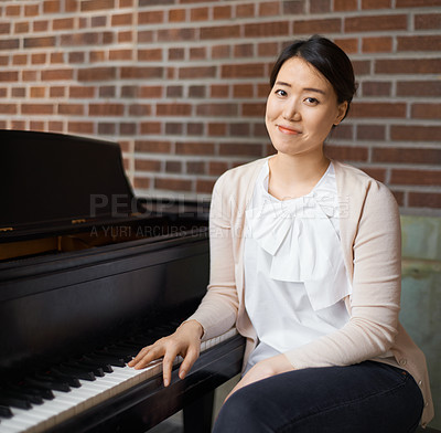 Buy stock photo Piano, musician or portrait of woman in home for music training in an artistic classical performance. Teacher, relax and Asian female person playing a song, learning or practice routine in Japan