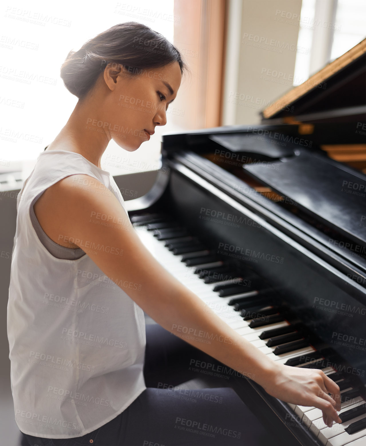 Buy stock photo Piano, musician or Asian woman in a house for music training in an artistic classical performance. Creative lady, relax and female person playing a song, learning jazz or practice routine in Japan