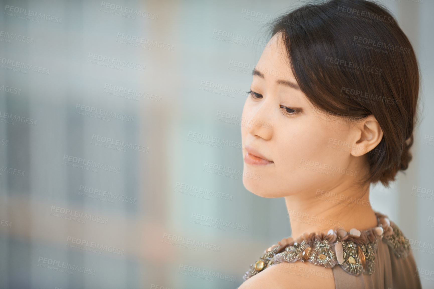 Buy stock photo Face, thinking and elegant Asian woman in mockup with classy style, aesthetic and space with confidence. Fashion, facial and Japanese girl with inspiration, pride and glamour on blurred background