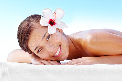 Buy stock photo Pretty woman waiting for a massage and smiling