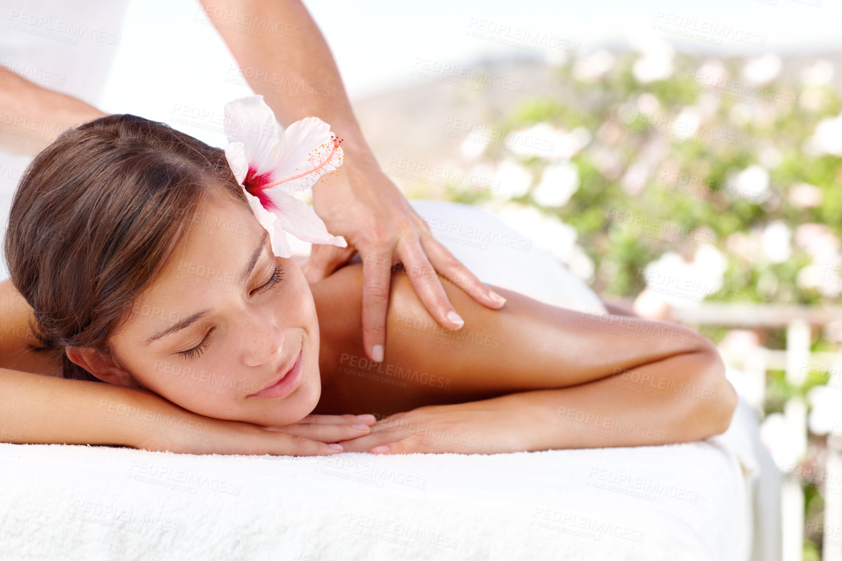 Buy stock photo Pretty woman relaxing during a spa therapy outdoors