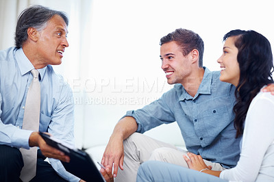 Buy stock photo Happy couple, insurance broker and documents in house for consultation, investment and asset management. Woman, man and consultant for agency with mortgage, agreement and cover as financial advisor