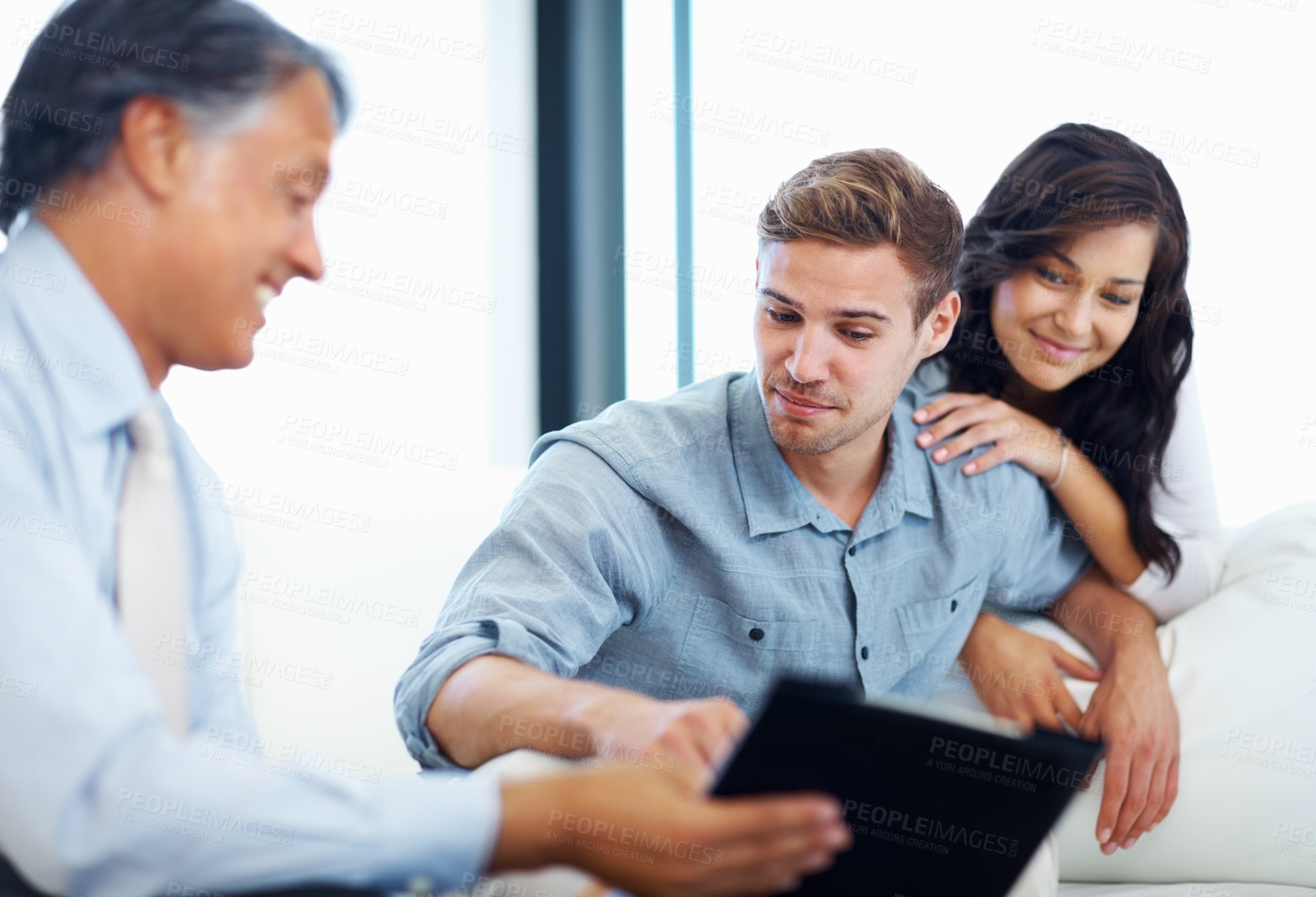 Buy stock photo Happy couple, insurance broker and paperwork in house for consultation, investment and asset management. Woman, man and consultant for agency with mortgage, agreement and cover as financial advisor