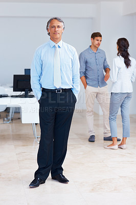 Buy stock photo Full length of confident business man standing with business people discussing in background
