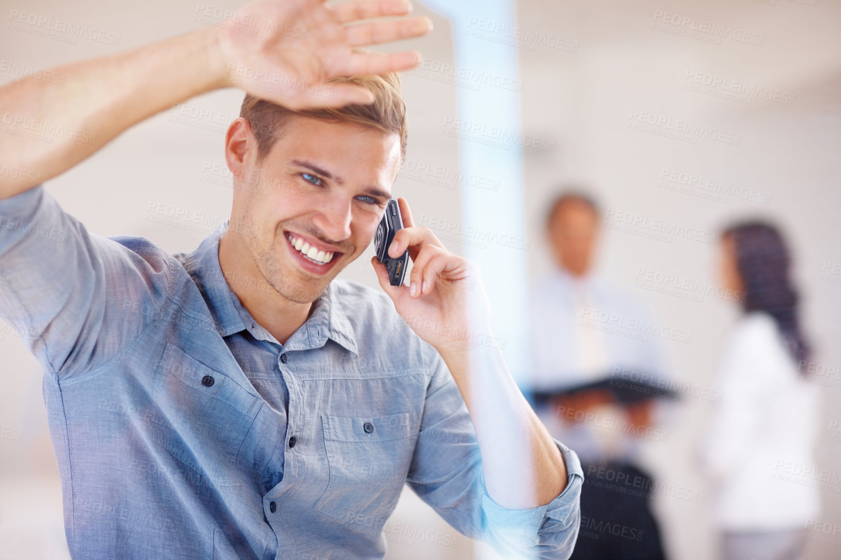 Buy stock photo Businessman, smile and phone call by glass in office for networking, communication and planning. Employee, happy and mobile chat by window for feedback, discussion and talking in coworking agency