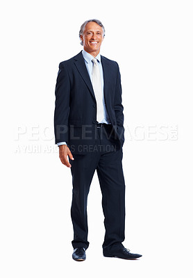 Buy stock photo Full length of confident mature business man smiling over white background