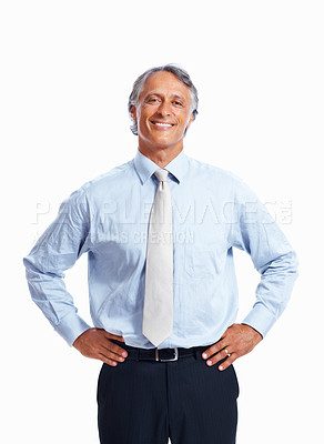 Buy stock photo Happy portrait, mature businessman with confidence, professional career and management in studio. Male CEO, boss smile and pride for experience, corporate and executive manager by white background