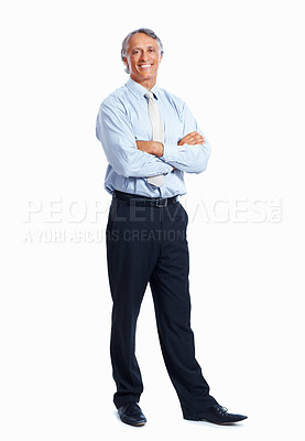 Buy stock photo Full length of handsome mature business man standing with arms crossed on white background