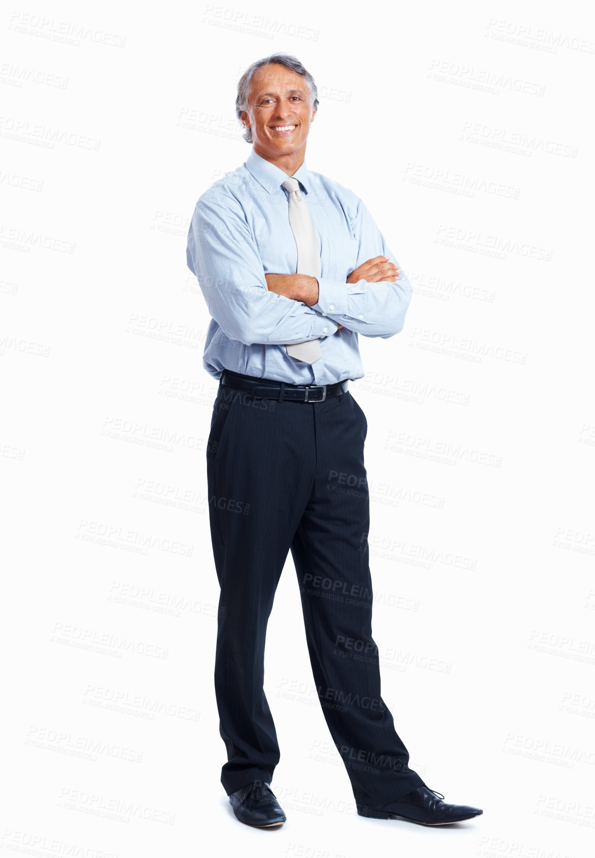 Buy stock photo Full length of handsome mature business man standing with arms crossed on white background