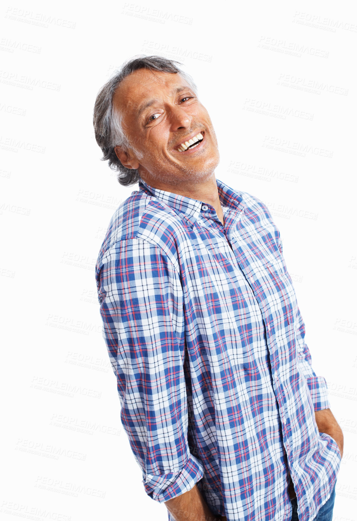 Buy stock photo Portrait, smile and mature business man in studio isolated on white background. Face, confident manager and creative professional entrepreneur, news editor and boss laugh in casual clothes in Mexico