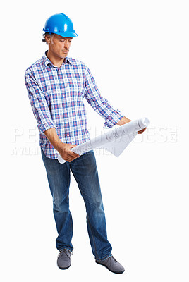Buy stock photo Full length of mature architect going through blueprint over white background