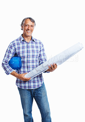 Buy stock photo Mature handsome architect smiling over white background with blueprint