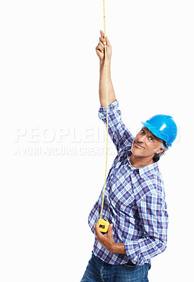 Buy stock photo Portrait of mature engineer measuring over white background