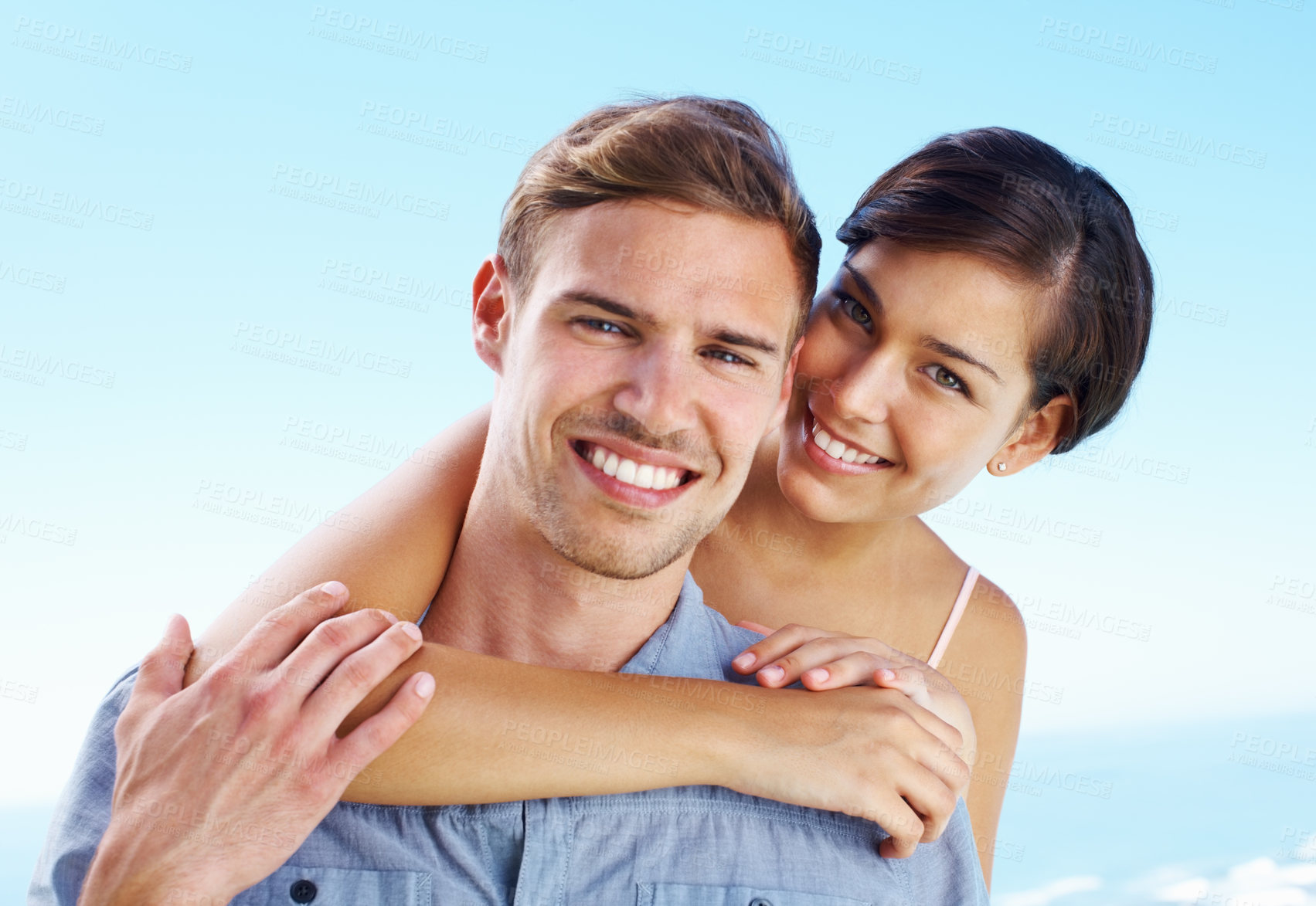 Buy stock photo Happy, couple and hug portrait with commitment, love and marriage on holiday for honeymoon outdoor. Smile, care and support of people with bonding on travel and vacation in Greece on trip by sea