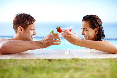 Buy stock photo Swimming pool, relax or couple with toast on holiday for bonding with love, smile and support in Costa Rica. Drinks, hotel or happy people in outdoor spa on vacation for honeymoon, peace or cheers