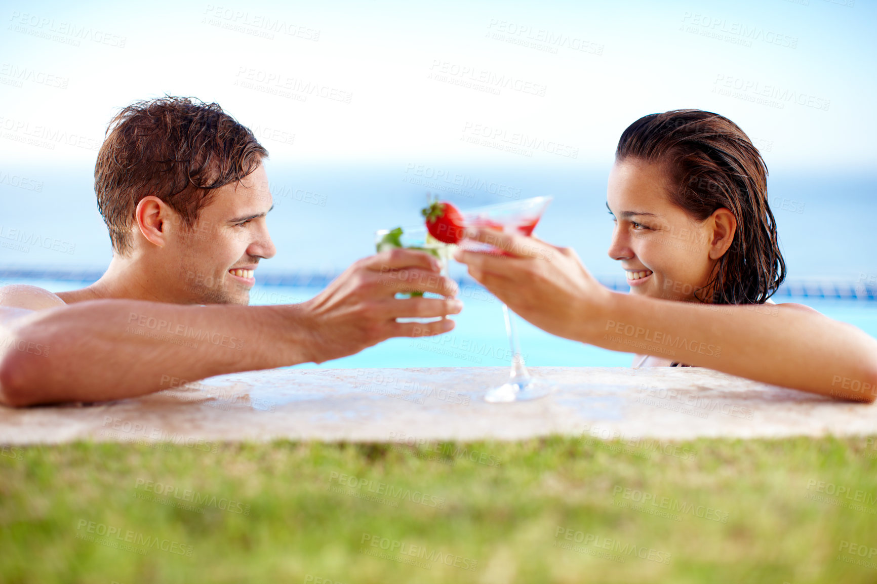 Buy stock photo Swimming pool, relax or couple with toast on holiday for bonding with love, smile and support in Costa Rica. Drinks, hotel or happy people in outdoor spa on vacation for honeymoon, peace or cheers