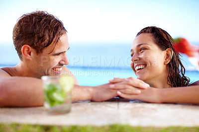 Buy stock photo Swimming pool, smile or couple with drinks on holiday for bonding with love, care and support in Costa Rica. Relax, hotel or happy people in outdoor spa on vacation for honeymoon, peace or cocktails