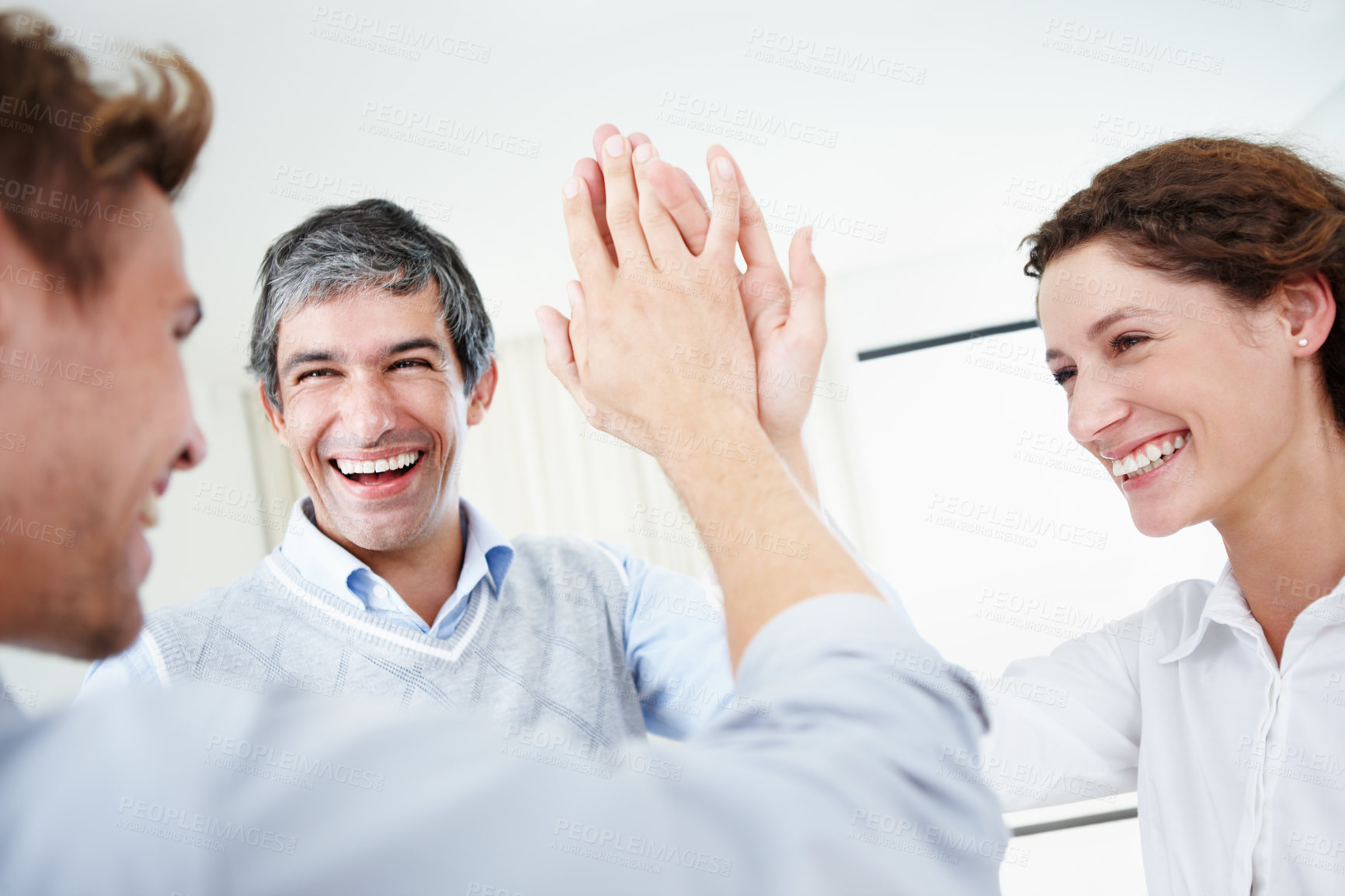 Buy stock photo Together, business people and high five in confidence for success, about us or collaboration in office. Colleagues, celebration and group for team building, employee or professional in finance firm