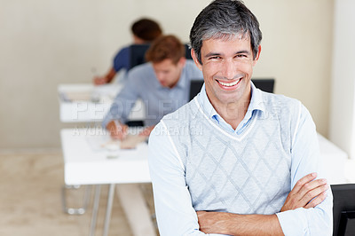 Buy stock photo Mature man, office and happy with arms crossed as team leader on portrait with smile and confidence. Male person, manager and proud on worksop or training for skill development and career growth