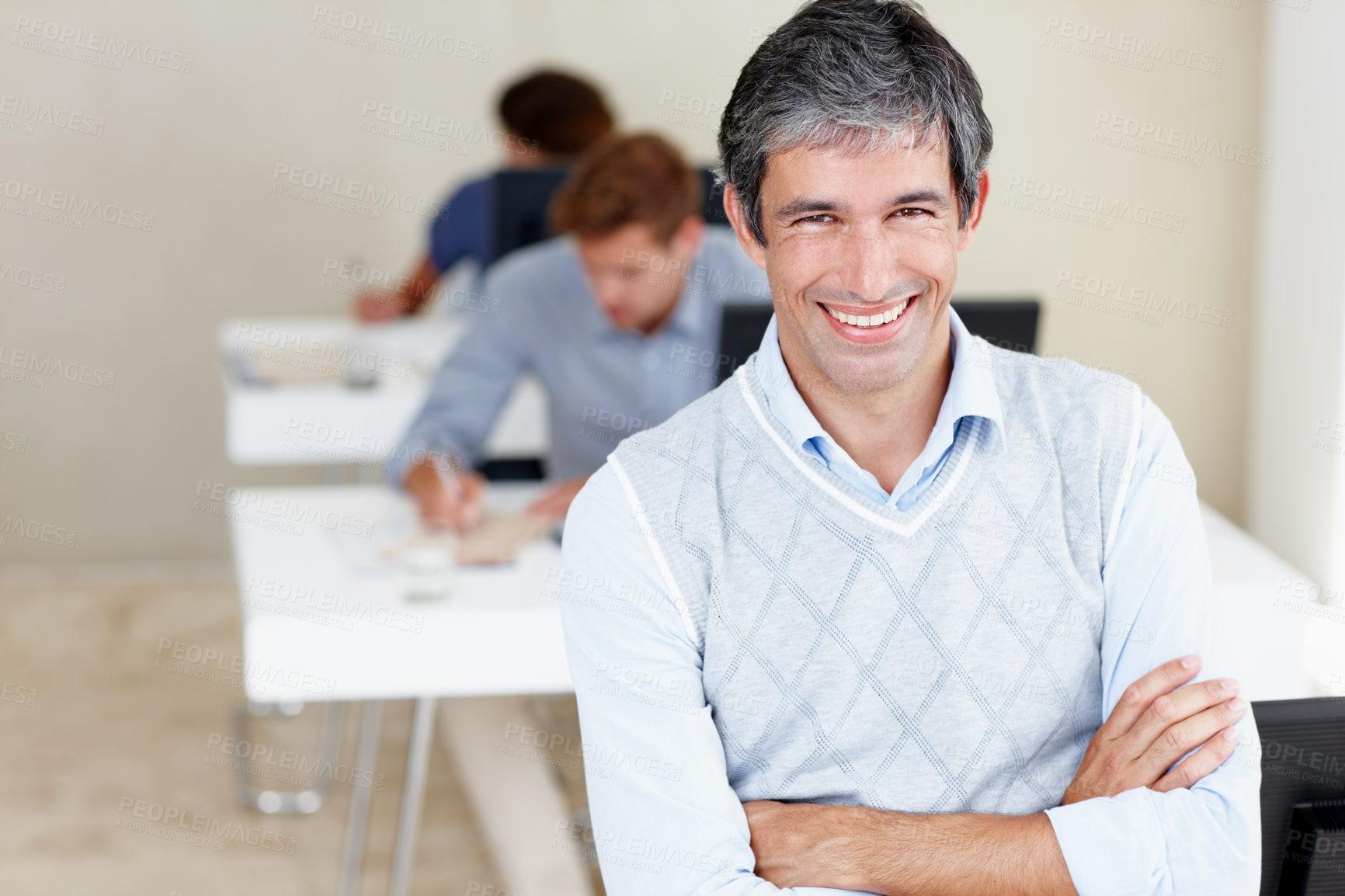 Buy stock photo Mature man, office and happy with arms crossed as team leader on portrait with smile and confidence. Male person, manager and proud on worksop or training for skill development and career growth