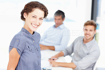 Buy stock photo Businesswoman, portrait and smile in office for meeting, confidence and positive attitude for corporate. Professional career, colleagues and project manager with pride for working, tasks or ambition