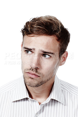 Buy stock photo Man, stress and thinking in studio, depression and contemplating grief or loss on white background. Male person, mental health fail and heartbreak anxiety or mourning, nostalgia trauma and psychology