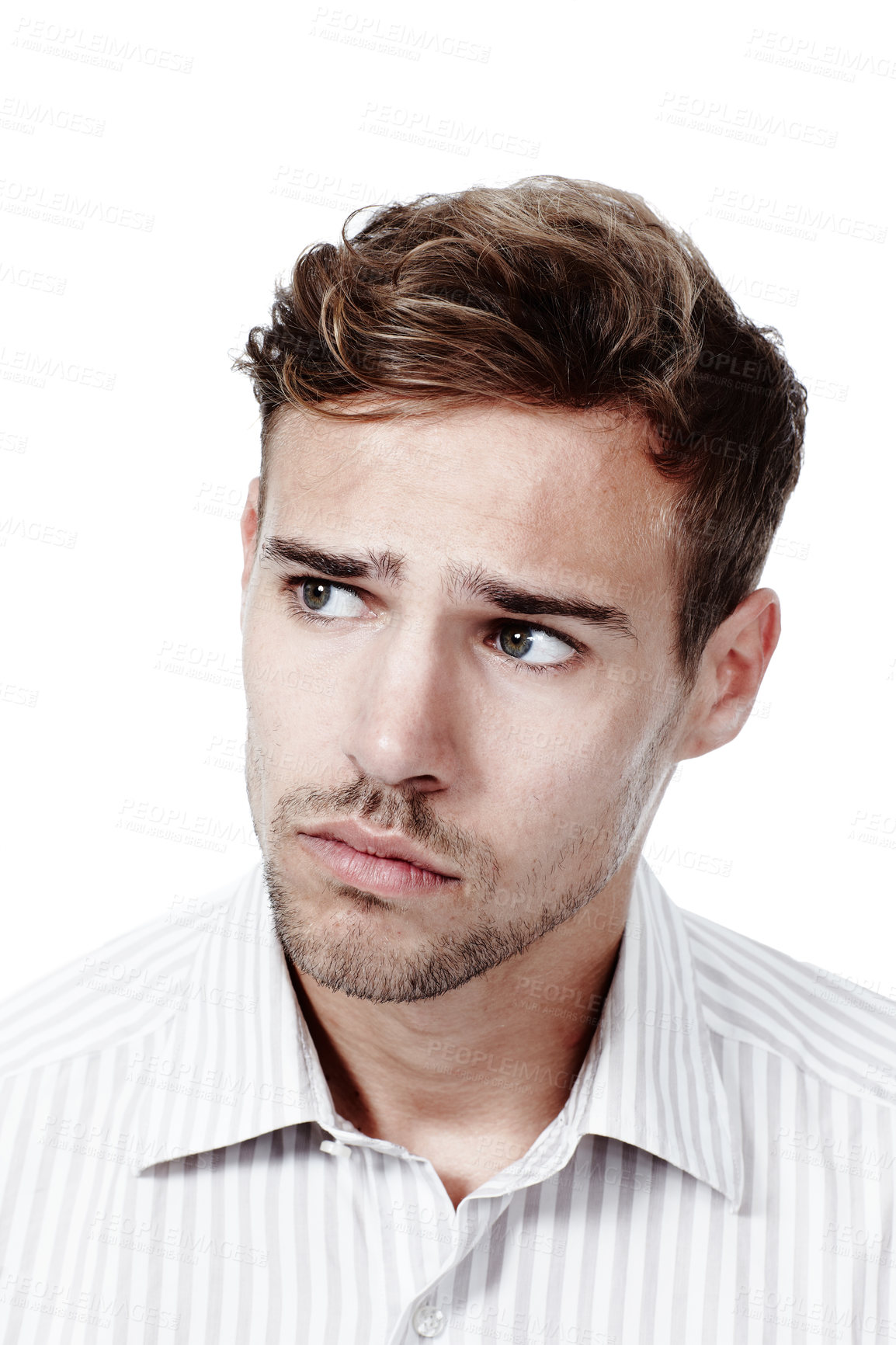 Buy stock photo Man, stress and thinking in studio, depression and contemplating grief or loss on white background. Male person, mental health fail and heartbreak anxiety or mourning, nostalgia trauma and psychology