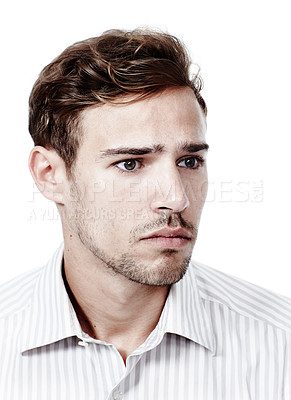 Buy stock photo Man, studio and stress or worried with thinking for sad memories on white background. Business, male person and scared or emotional for job loss with depression on corporate exploitation and bullying