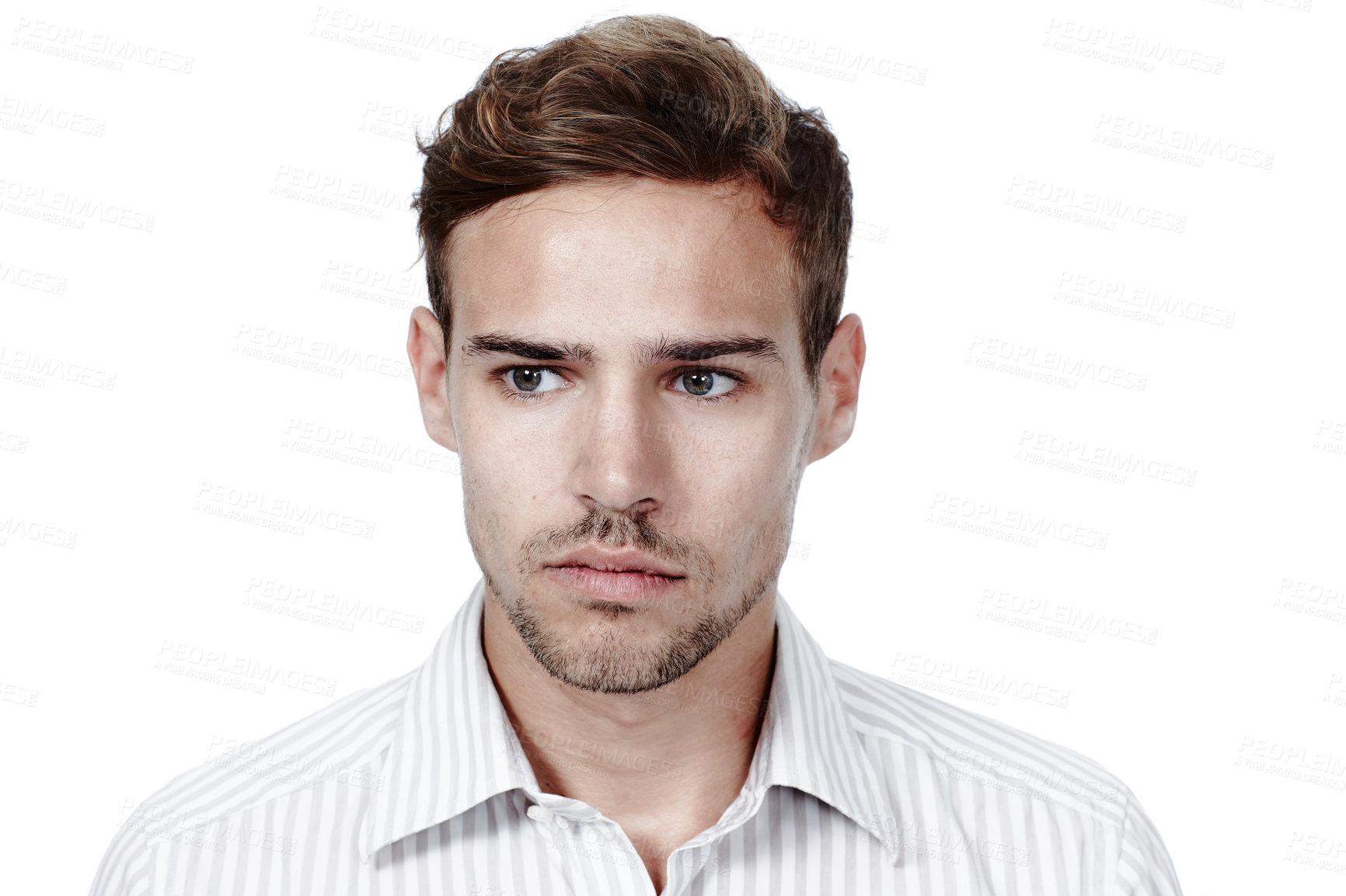 Buy stock photo Business man, face and thinking in studio for problem solving, reflection or perspective insight. Idea, decision and planning future with professional mindset or vision isolated on white background