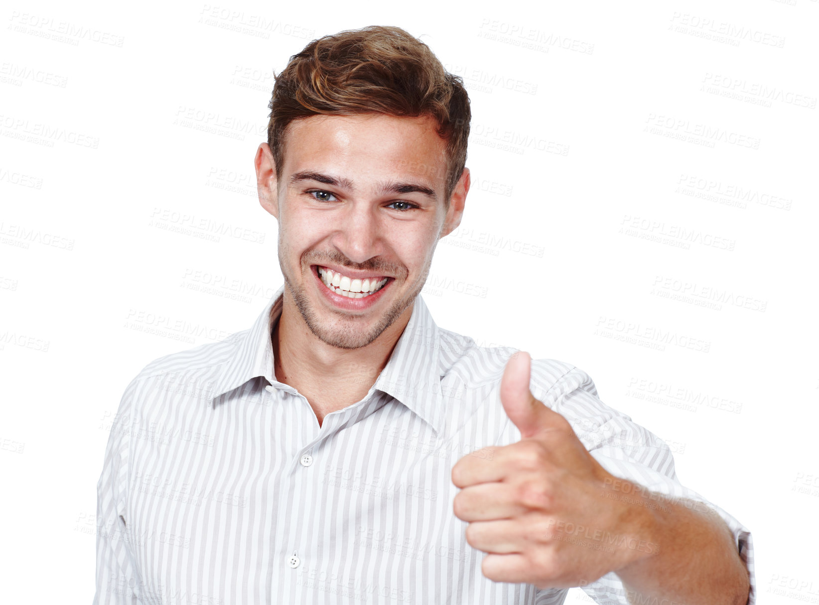 Buy stock photo Happy man, thumbs up and studio portrait for news, agreement and yes emoji on white background. Male person, promotion and thank you symbol for motivation, success and like icon or approval feedback