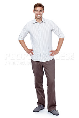 Buy stock photo Portrait, happy and man relax in studio with hands on hips, designer ambition and career pride of experience. Smile, male person and confident for consultant, casual clothes and white background