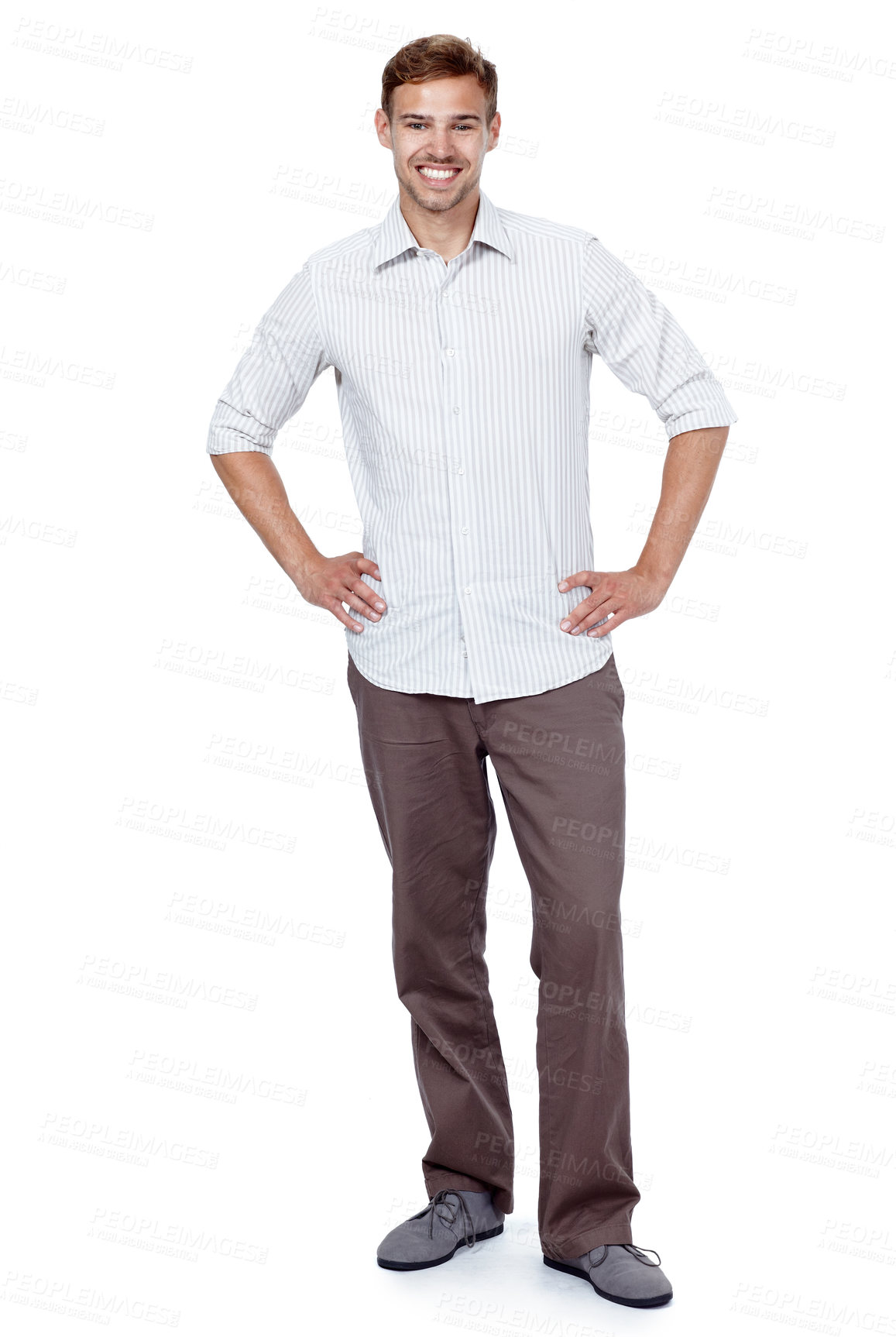 Buy stock photo Portrait, happy and man relax in studio with hands on hips, designer ambition and career pride of experience. Smile, male person and confident for consultant, casual clothes and white background