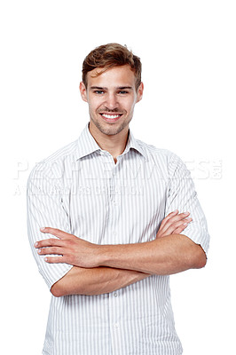 Buy stock photo Portrait, confident and man relax in studio as designer with ambition, career pride and creative experience. Smile, male person and arms crossed for about us, casual shirt and white background