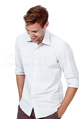 Buy stock photo Smile, man and laughing to relax in studio for funny comedy, crazy meme and hands in pocket of casual fashion. Happy, male person and joy for comic joke, silly humour and pride on white background