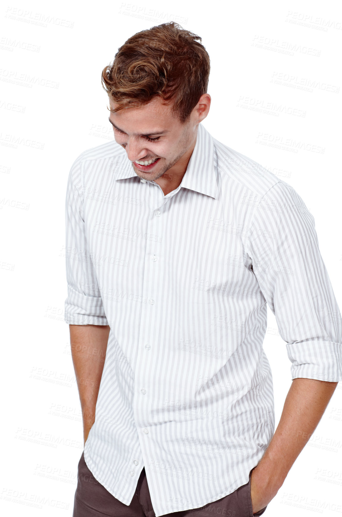 Buy stock photo Smile, man and laughing to relax in studio for funny comedy, crazy meme and hands in pocket of casual fashion. Happy, male person and joy for comic joke, silly humour and pride on white background