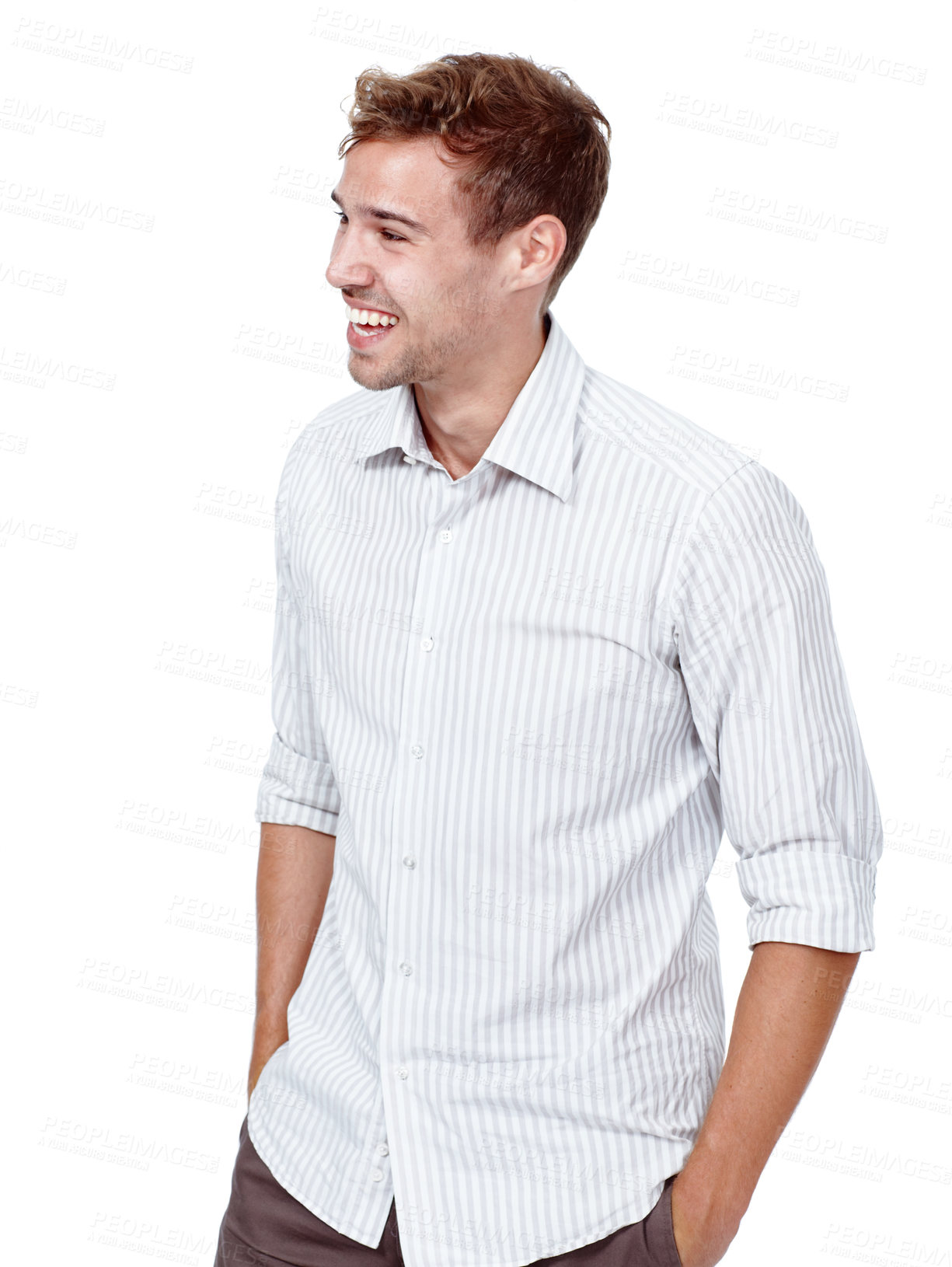 Buy stock photo Man, happy and relax in studio for fashion, laughing and reaction to joke or story. Male person, smile and hands in pockets on white background for confidence, comedy and casual style with positivity