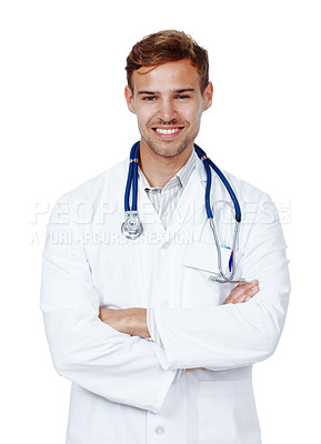 Buy stock photo Man portrait, doctor and arms crossed for medicine in studio, physician consultation and white background. Male person, cardiology surgeon and ready for test, healthcare and emergency specialist