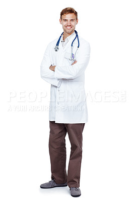 Buy stock photo Smile, crossed arms and portrait of doctor in studio with positive attitude and confidence for career. Happy, medical and male healthcare worker from Canada with pride for job by white background.