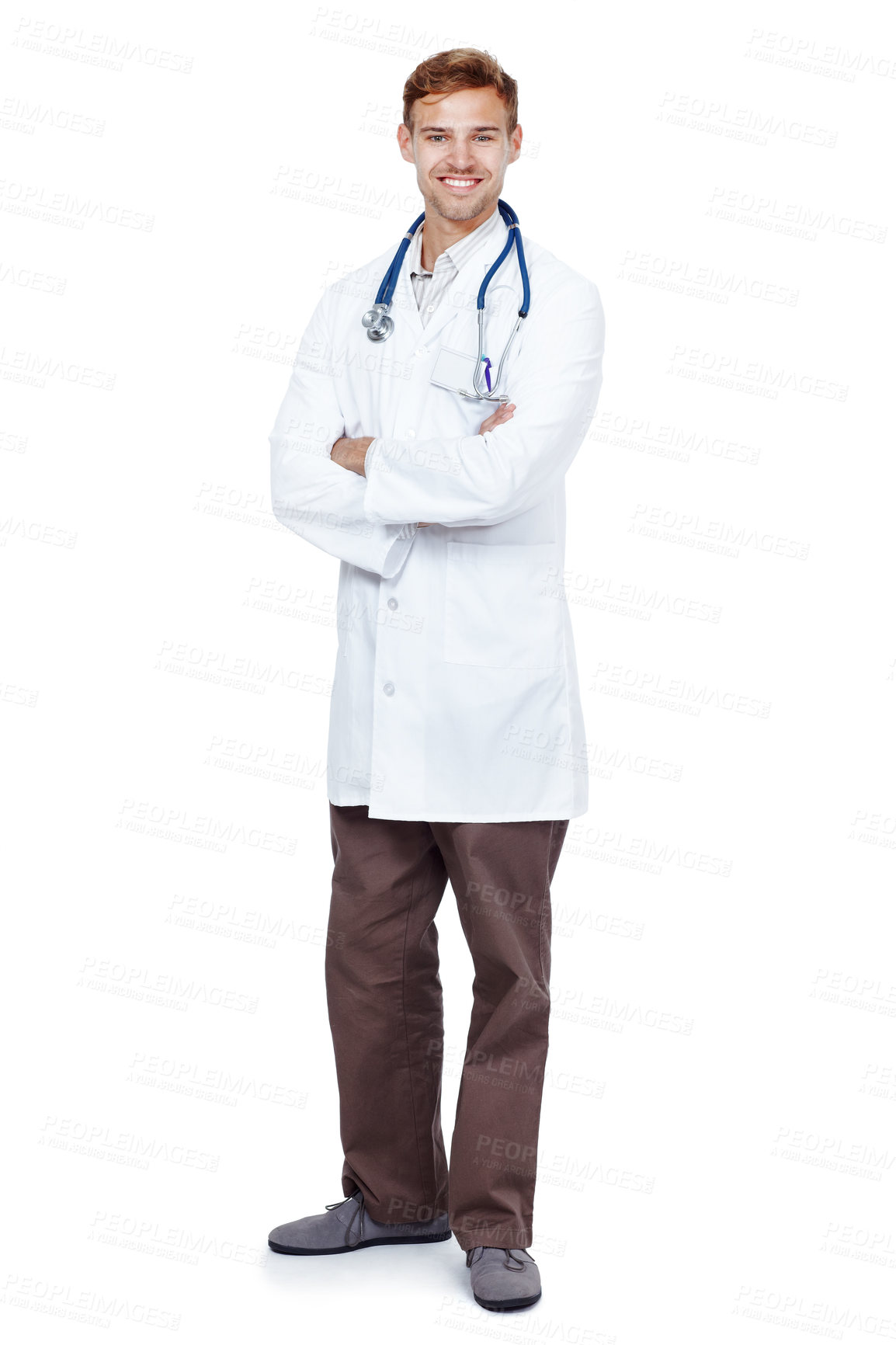 Buy stock photo Smile, crossed arms and portrait of doctor in studio with positive attitude and confidence for career. Happy, medical and male healthcare worker from Canada with pride for job by white background.