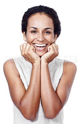 Buy stock photo Happy, confident and portrait of business black woman in studio isolated on white background. Face, model or excited person with pride, healthy teeth or smile for dental care results or oral hygiene